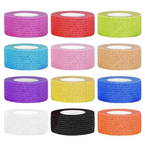 Vordpe 12 Rouleaux de Bandage Auto-Adhésif 2,5 cm x 4,5 m, Bande Sportive, Bandage Cohésif, Bandage de Fixation Élastique, Bandage Adhésif pour Doigts, Poignets, Orteils (Multicolore)