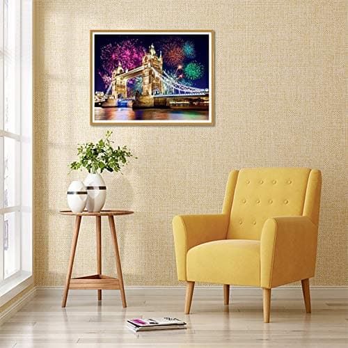 Reofrey Diamond Painting 5D Diamant Peinture Feux d'artifice Nuit Pont DIY Cristal Strass Peinture Plein Forage Broderie Artisanat Point De Croix Chambre Salon Décoration Murale 30x40cm