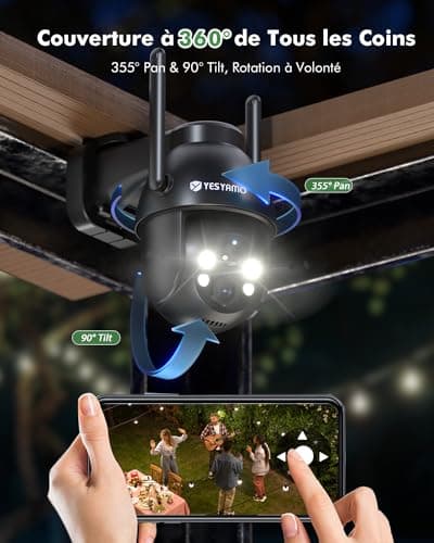 YESYAMO 2K Camera Surveillance WiFi Exterieure sans Fil Solaire, 2.4GHz Camera Exterieur avec Panneau Solaire, 355° PTZ, Vision Nocturne Couleur, Audio Bidirectionnel, PIR Sirène (Noir)
