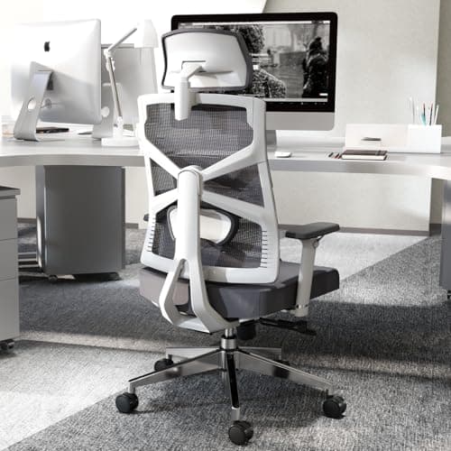 HOLLUDLE Chaise de Bureau Ergonomique avec Dossier Adaptable, Fauteuil D'ordinateur avec Accoudoirs 4D, Profondeur D'assise Réglable, Soutien Lombaire et Appui-tête 2D, Siège de Travail, Blanc