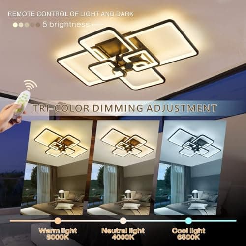 HIHIHOMY Plafonnier Led Dimmable, Plafonnier Moderne LED Lustre Salon Dimmable 78W 6 Rectangle Géométrique Plafonnier de Salon Éclairage de Plafond Multifonctionnel pour Chambre, Bureau, Noire