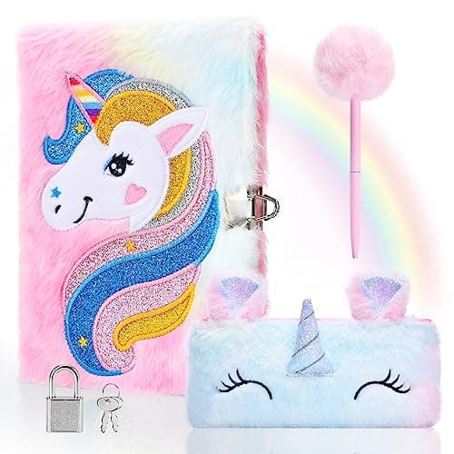 Damcyer Journal Intime Fille avec Cadenas,Ensemble de Cahier de Licorne en Peluche Comprenant une Licorne Carnet en Peluche,Trousse Licorne et Stylos de Couleur Cadeau Licorne Fille 5-12 Ans,Rose