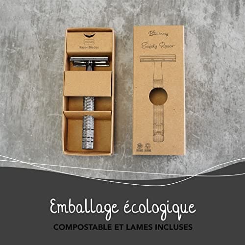 Bamboozy Rasoir de Sureté Kit de Démarrage - Set de Rasage avec 20 Lames, Savon de Rasage et Blaireau de Rasage - Aluminium - Sans Plastique & Zéro Déchet - Rasoir à Double Tranchant (Noir)