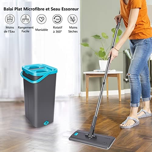 MASTERTOP Balai Microfibre et Seau Essoreur, Serpillière Plat Rotatif 360° et Seau Auto-Lavage, Vadrouille de Mains Libre pour Nettoyage de Sol, avec 6 Serpillières Réutilisables (Gris foncé)