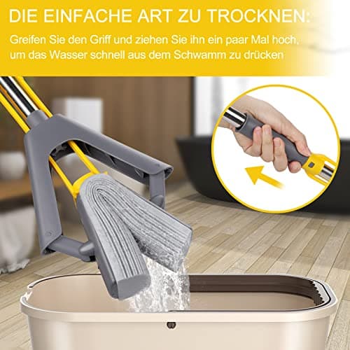 Masthome Balai éponge Absorbant avec Essoreur, Serpillere avec Poignée Réglable de 130 cm, 3 Réutilisables PVA éponge Head, Balai Vadrouille éponge pour Nettoyage Sols