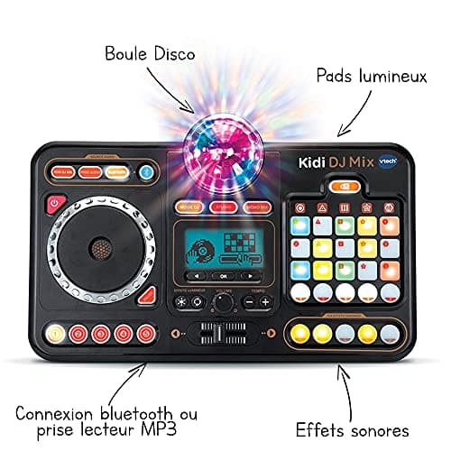 VTech - Kidi DJ Mix, Platine DJ Enfant 12 en 1, Table de Mixage Bluetooth avec Pads Lumineux, Boule Disco, Prise Jack pour Casque, Apprentissages et Jeux, Cadeau Enfant Dès 6 Ans - Contenu en Français