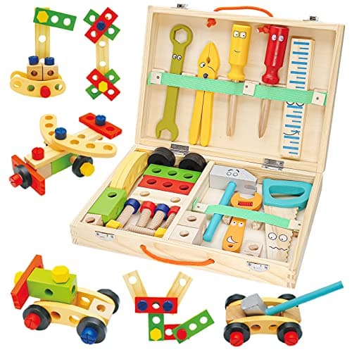 Withosent Caisse à Outils Enfant, 34 Pièces Jouets en Bois Boite a Outil Enfant, DIY Jeux de Construction Enfant pour Garçons Filles de 3 Ans