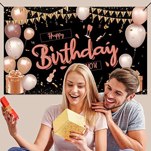 KOLIPHY Decoration Anniversaire, Noir Rose Banderole Joyeux Anniversaire Fête Deco Pour Hommes Femmes, Anniversaire Photographie Fond Bannière