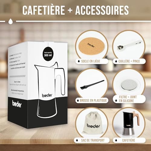 bieder - Nouvelle Nordic Moka Induction - Cafetière italienne en acier inoxydable - Convient à l'induction - Capacité 300ml - 6 tasses (6x50ml) (Noir)