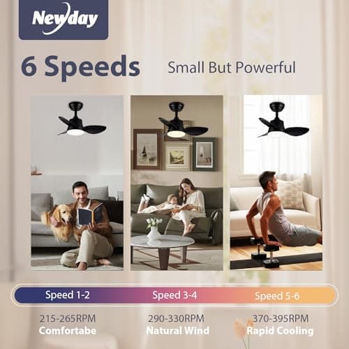 Newday Ventilateur de Plafond avec Lumiere Noir, 61cm Ventilateurs de Plafond avec Telecommande Petit, Plafonnier Ventilateur de Plafond Réversible mit 6 Vitesse Pour Chambre Salon,DC Moteur