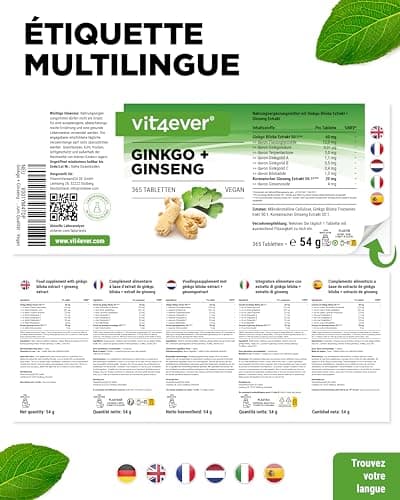 Ginkgo + Ginseng - 365 Comprimés - Extrait Spécial - Hautement Dosé - Ginkgo Biloba + Ginseng Coréen - Qualité Premium - Vegan
