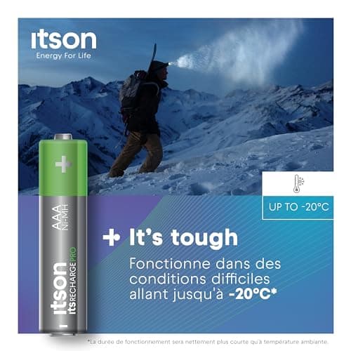 ITSON, AAA piles rechargeables, PRO, lot de 4, puissantes piles rechargeables, capacité Min. 930 mAh, pré-chargées, emballage à 95% de matériaux recyclés, made in Japan