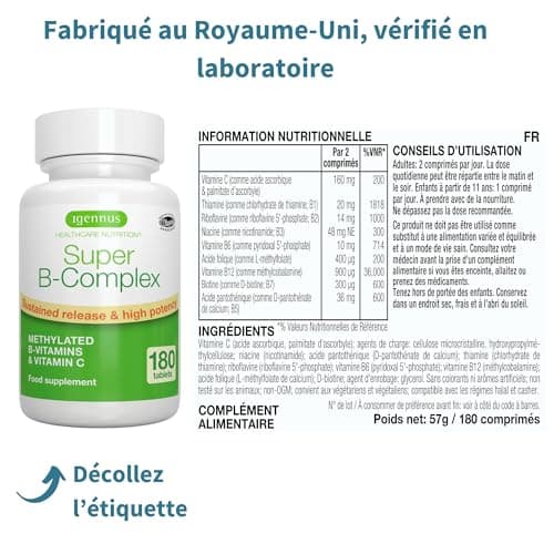 Vitamines du Complexe B Bioactives, 180 Petits Comprimés Végétalien à Haute Absorption avec Folate & Biotine. Énergie et Vitalité, Libération Prolongée