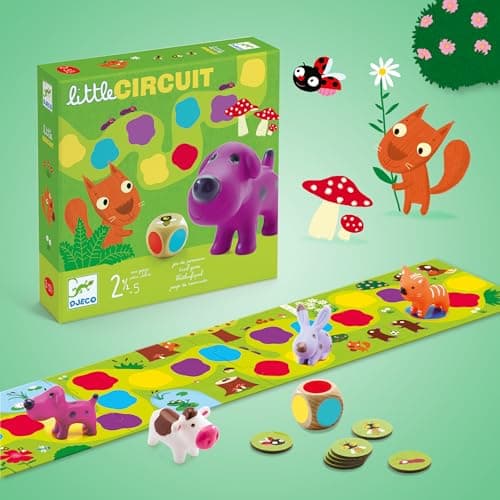 DJECO Little Circuit - Jeu de Société Enfant, 2,5 à 5 Ans - Jeu de Parcours avec 1 Plateau, 6 Pièces de Puzzle, 4 Figurines Animaux, 1 Dé, 15 Jetons - Apprentissage des Couleurs, Maîtrise du dé