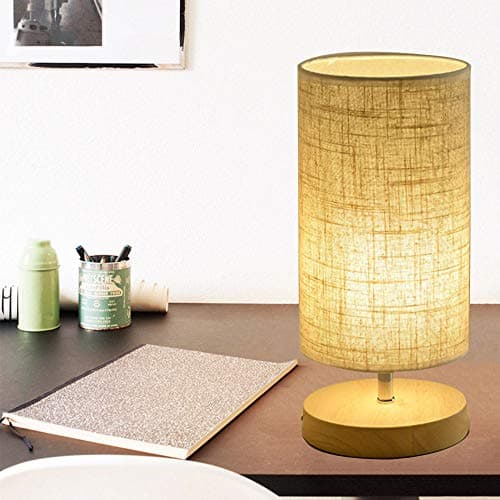 Mengjay Lampe de chevet en bois rond vintage avec abat-jour beige et lampe de bureau E27 LED style maison de campagne Veilleuses