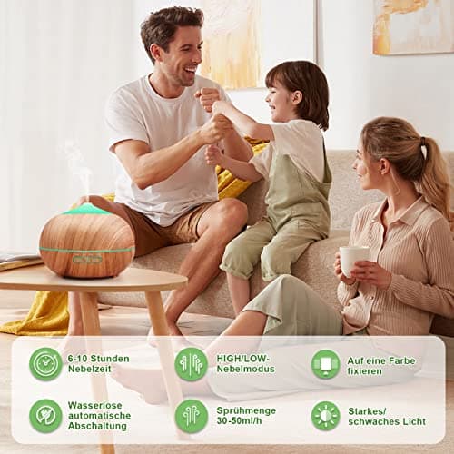 Humidificateur d'air Diffuseur d'Huiles Essentielles: 400ml Humidificateur Ultrasonique Diffuseur Aromathérapie avec 4 réglages de minuterie 7 Couleurs Lumières LED pour la Maison Bureau Chambre
