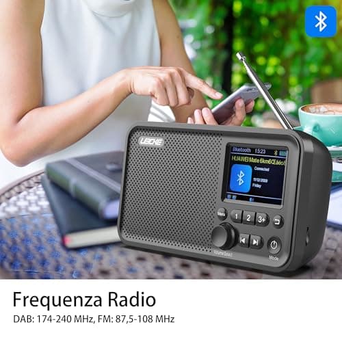 LEICKE Radio portátil Dab+ Con Bluetooth 5.0, Radio Dab/Dab+ y FM, Pantalla a Color de 2,4 Pulgadas, Radio de Cocina Con Cable, batería de 4000 mAh, conexión MicroSD/TF/AUX, Funciones de Alarma