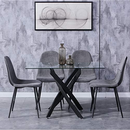 GOLDFAN Table a Manger avec 4 Chaises,Ensemble de Table à Manger Noir avec 4 Chaises,Table en Verre Trempé Moderne avec 4 Chaises en Tissu Confortable Gris,110cm