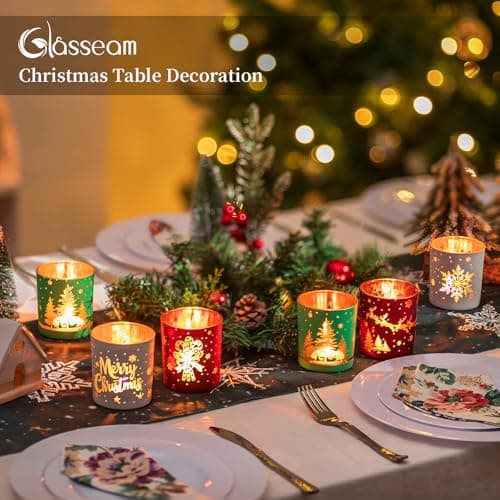 Glasseam Bougeoir De NoëL en Verre : Lot De 6 Bougies Chauffe-Plat Rouge Vert Blanc Bougies Chauffe-Plat De NoëL Bougies Votives DéCoratives pour Centres De Table DéCorations De FêTe Cadeau
