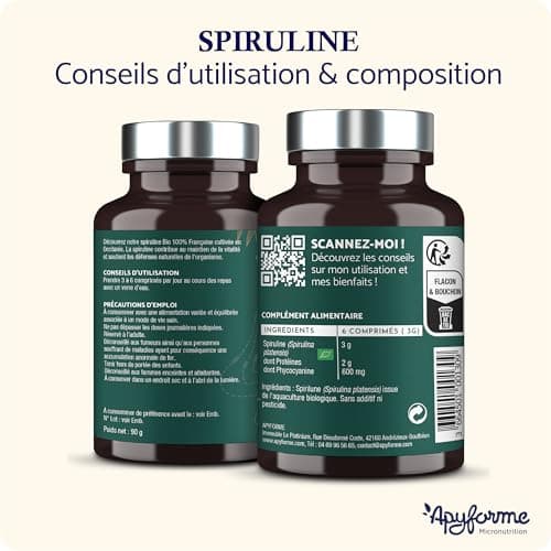 Apyforme - Spiruline BIO Française - Haute Concentration Jusqu'à 25% de Phycocyanine - Culture Paysanne Écoresponsable - 180 Comprimés Super Protéinés - Origine France