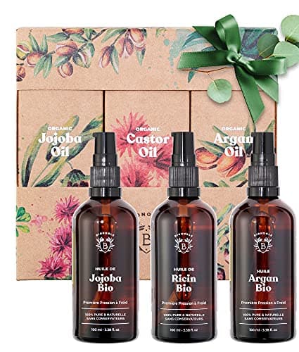 Bionoble Coffret Cadeau Femme Naturel et Bio 3x100ml - Huile de Ricin, Huile d'Argan et Huile de Jojoba Bio - Soins pour le visage, le corps et les cheveux - Idée cadeau anniversaire pour femme