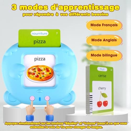 Sunity Cartes Flash parlantes pour Enfants, Mot ami Jeux français de 2 à 6 Ans avec de la Musique, Jeux educatif 2 Ans, Jouets préscolaires pour écouter et Apprendre Bleu(Français/Anglais/Bilingue)
