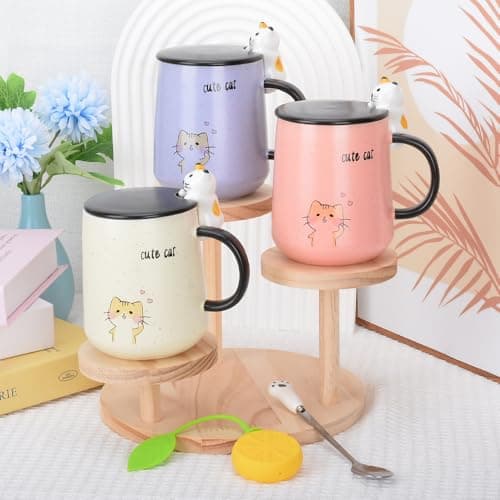 XinHuiGY Tasse de chat,Tasse à café mignonne en céramique,avec couvercle en forme de chat 3D et cuillère,pour thé, lait, chocolat chaud, cadeau pour Noël, anniversaire pour filles et femmes (Jaune)