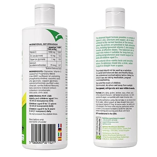 Vitamine C Liposomale 1000 mg Liquide avec Zinc, Cuivre et Sélénium - Système Immunitaire & Réduction de la Fatigue - Goût d'agrumes et vanille, Adultes et Enfants, 30 – 90 portions
