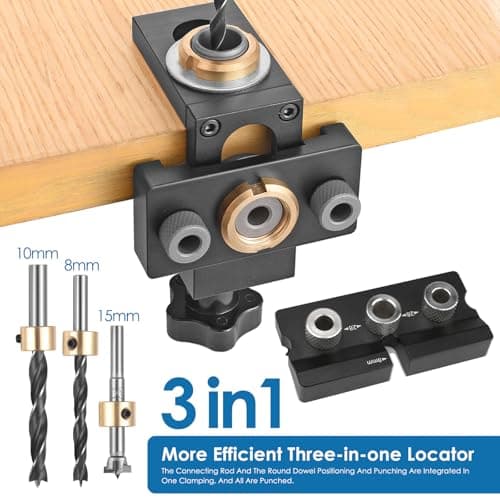 Helangel 8/10/15 mm Gabarit de perçage, kit de guide de perçage en bois 3 en 1 avec clip de positionnement, localisateur de guide de perçage réglable et échelle