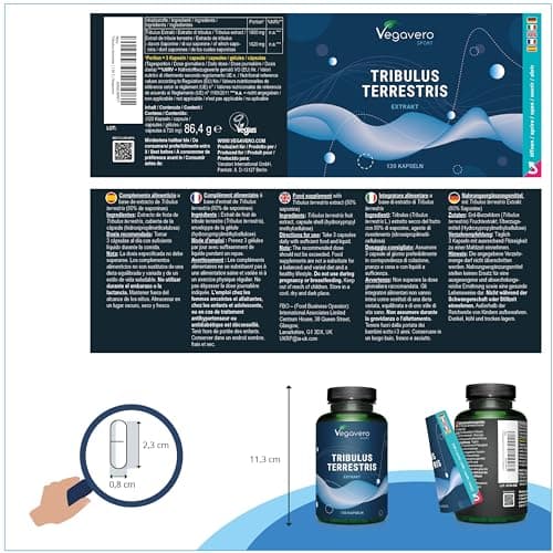 Tribulus Terrestris 10800 mg | DOSAGE ÉLEVÉ + 90% Saponines | Musculation, Énergie, Endurance | 120 Gélules | Sans Additifs et 100% NATUREL | VEGAN | Vegavero®