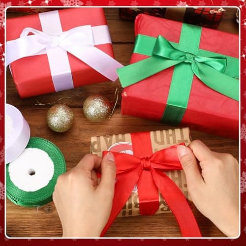 Ruban de Noël 4 Rouleaux, 2.5cm de large, 100 Yards, Rouge, Vert, Or, Blanc, pour Emballage Cadeaux et DIY