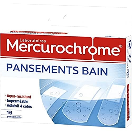 MERCUROCHROME Pansements Bain - Résistant à l'eau, Ultra-Fin - 16 unités | Marque N°1 des Premiers Soins, Transparents et Discret, Imperméable, Protection Optimale, 3 Tailles, Adultes/ Enfant +1ans