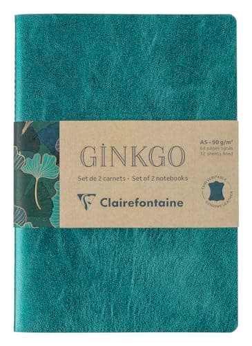 Clairefontaine 115948C - Un Set de 2 Carnets Cousus Fil / Carnet Cuir Uni et Carnet Carte motif Feuille de Ginkgo A5 - 14,8x21 cm 64 Pages Lignées Papier Ivoire 90g - 2 visuels, livr Aléatoire Ginkgo