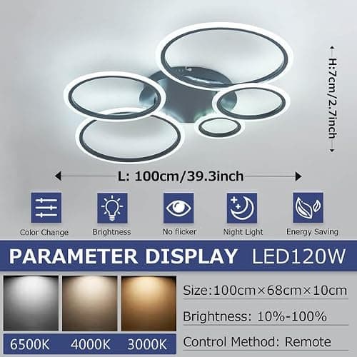 KeLuKes Plafonnier LED Chambre, Lustre LED Salon avec Télécommande, Fonction Mémoire, 3000k-6500k, Minuterie, Plafonnier Anneaux de 100cm, Noir