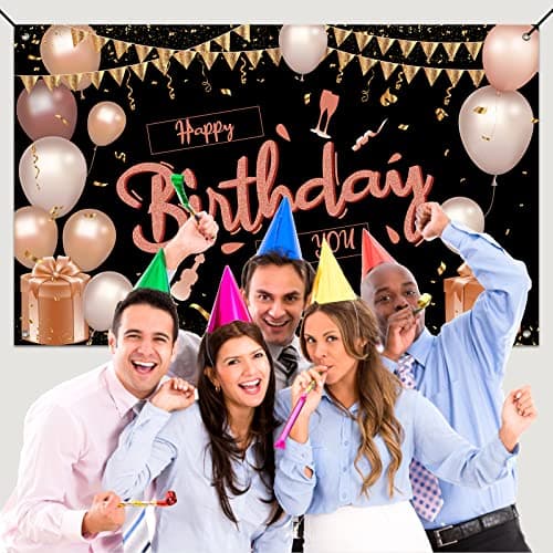 KOLIPHY Decoration Anniversaire, Noir Rose Banderole Joyeux Anniversaire Fête Deco Pour Hommes Femmes, Anniversaire Photographie Fond Bannière