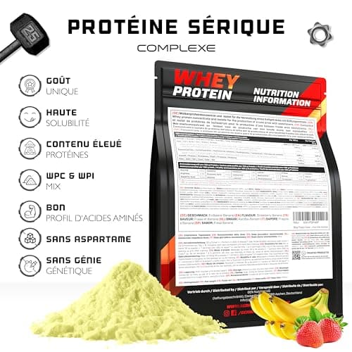 Whey Protein Complex - 1000 g (Fraise et banane) - Avec part d'isolat - Poudre de protéine soluble instantanée avec BCAA & EAA - German Elite Nutrition
