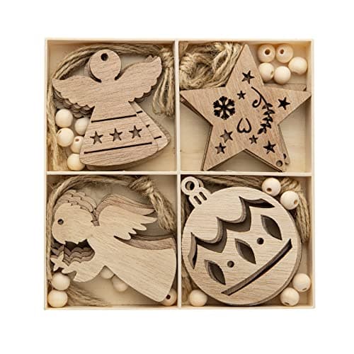 TAIYOU 20pcs Decoration Sapin Noel en Bois Bois Arbre de Noël Ornements DIY Décorations de Noël en Bois Décorations Noël Sapin Accessoires pour Étiquette Cadeau Décoration Noël Maison 4 Modèles