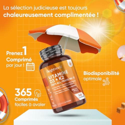 Vitamines D3 K2 (MK7) 100 % Pure 365 Comprimés - Combinaison Vitamine D3 2000 UI + Vitamine K2 200 μg - Pour les Os, Muscles, le Système Immunitaire, la Coagulation Sanguine Vitamine du Soleil EFSA