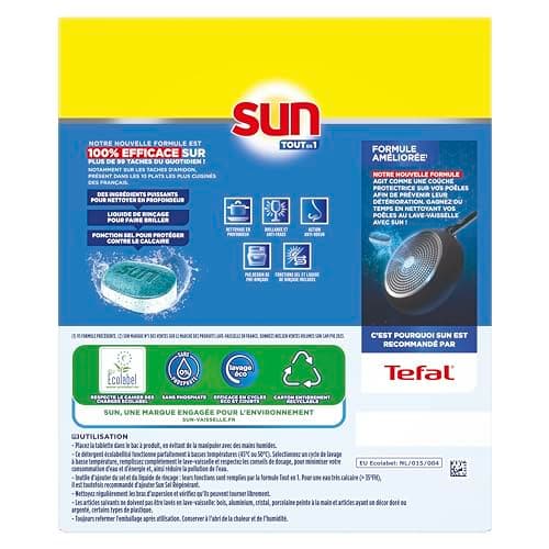 SUN - pastilles lave-vaisselle Tout en 1 Regular - 88 tablettes - avec 85% d'ingrédients d'origine naturelle - 100% efficace sur + de 99 taches - Fabriqué en France