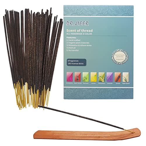 Encens, 160 bâtons au Total, Lavande, Patchouli, Bois de Santal, osmanthus, Parfum de Citron, Vanille, Lavande de Nuit, éventails de Bois de Santal + Porte-bâton d'encens