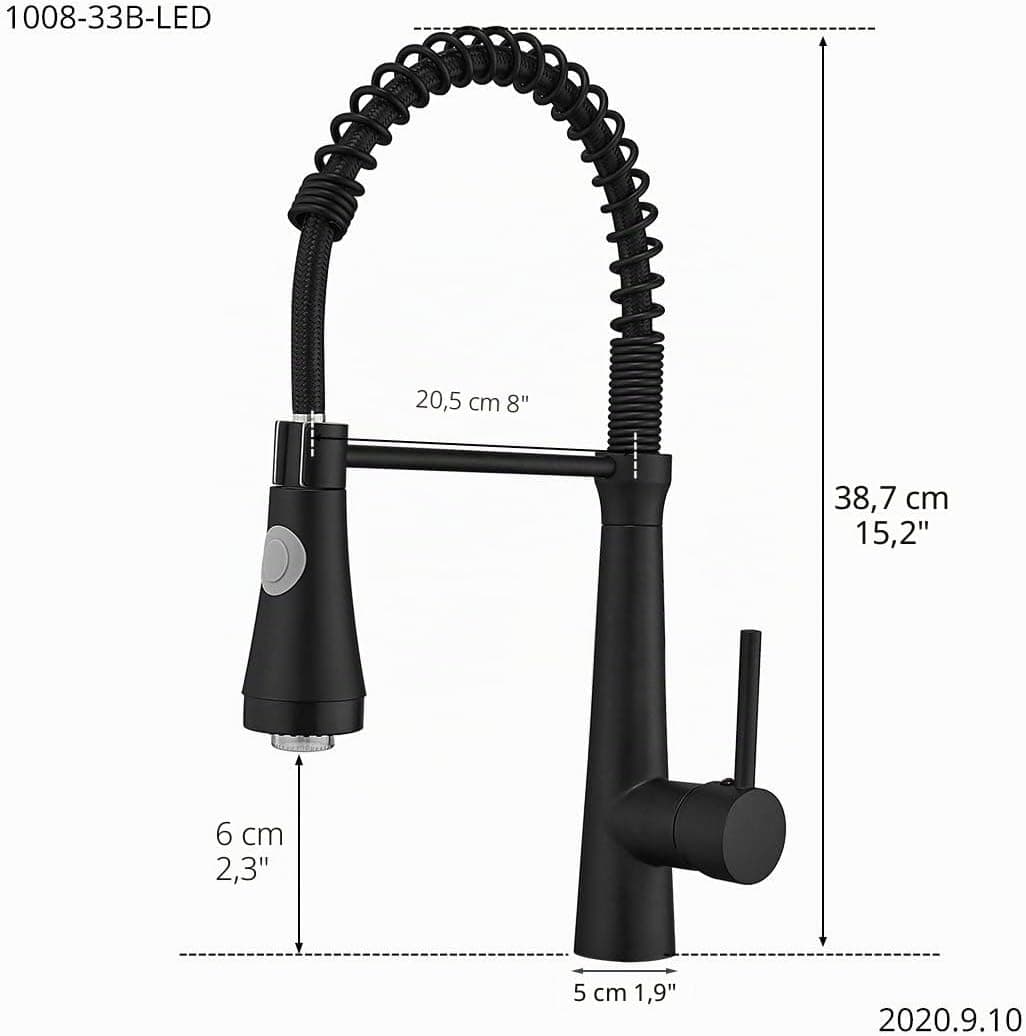 TIMACO Cuisines de robinet LED avec ressort en spirale, raccords d'évier pivotants à 360 °, robinetterie de cuisine et douche coulissante - Haute pression, noir