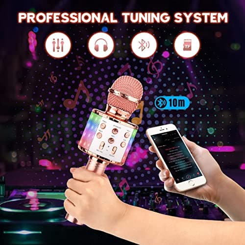 ShinePick Microphone Karaoke sans Fil, Micro Karaoké Bluetooth Portable avec LED Lumière Disco pour Enfants/Adultes Chanter, Compatible avec Android/iOS/PC/Smartphone (Or Rose)