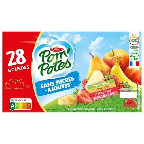 POM'POTES Compote Gourde Sans Sucres Ajoutés Pomme/Pomme Poire/Pomme Banane Fraise 28x90 g, Vert