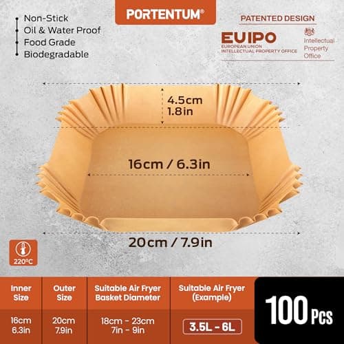 PORTENTUM Papier cuisson air fryer - 100 pièces Food-Grade BPA gratuit, 16 x 20 cm, pour friteuse sans huile 3 à 4,5 litres - Idéal pour la cuisson saine
