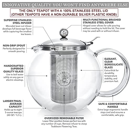 Teabloom Théière en verre compatible avec la cuisinière avec infuseur amovible (1200 ml) et quatre tasses en verre à double paroi (150 ml) – Service à thé Classica