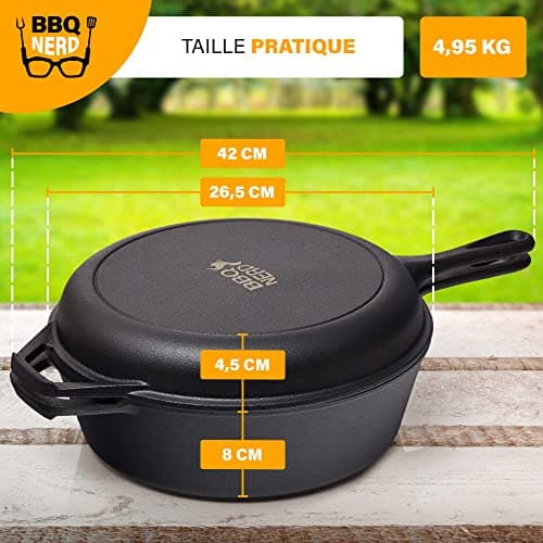 BBQ-Nerd© Cocotte 3,5 l avec fonction 2 en 1 | Ensemble de cuisine : marmite pour cuisinière, four et barbecue avec poêle | casserole en fonte