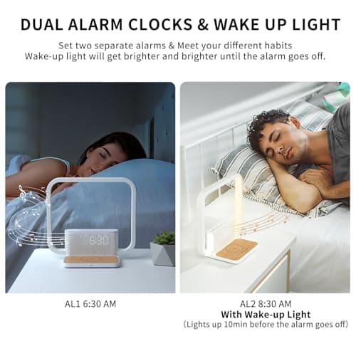 RETEYUNG Lampe de Chevet avec Chargeur Sans Fil 10w, 2 Réveils, Lumière De réVeil, 10 Sons Apaisants, Variateur Tactile, Réveil Lever de Soleil, Lampes de Chevet 3 Niveaux de Luminosité