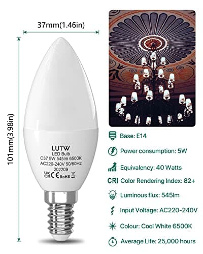 LUTW Ampoule LED E14 Blanc Froid 6500K, Ampoule Bougie LED C37, 5W Équivalent 40W, 545LM, Ampoule Petit Culot à Vis E14, Économie d'Énergie à Angle de Faisceau 160°, Non Dimmable,Lot de 6