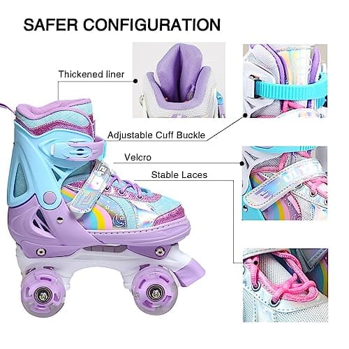 OLYSPM Patins à roulettes pour Enfants, 8 Roues Lumineuses et 4 Tailles réglables, Patins à Quatre Roues avec Sac de Rangement, Patins à roulettes à Double rangée pour Filles, garçons et débutants