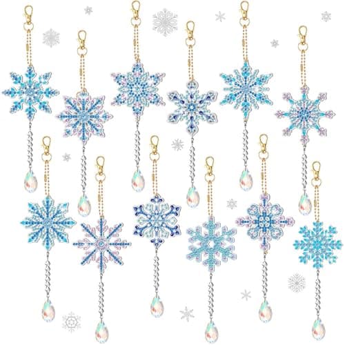 12 Pièces DIY Flocon de Neige Porte-clés de Peinture Diamant,Porte-clés de noël en Forme de Flocon de Neige,Flocon de Neige Diamant Art Peinture Porte-clés,Diamant Painting Porte Clef